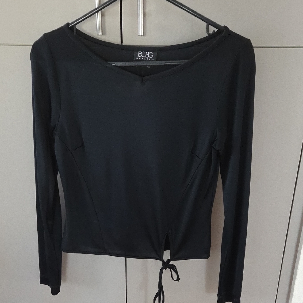 BCBG Maxazria Black Satiny Long Sleeve Tie-Front Top